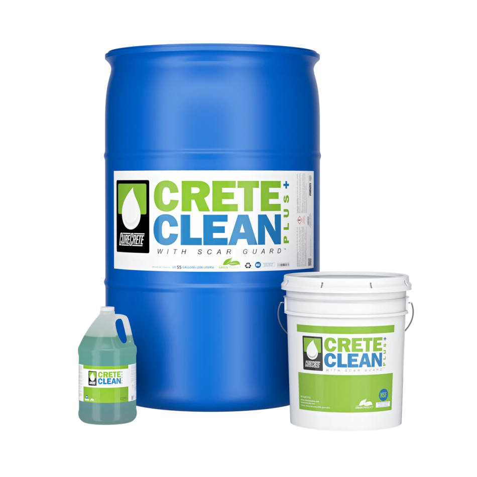 CreteClean Plus concrete floor cleaner in drum, pail, and gallon sizes