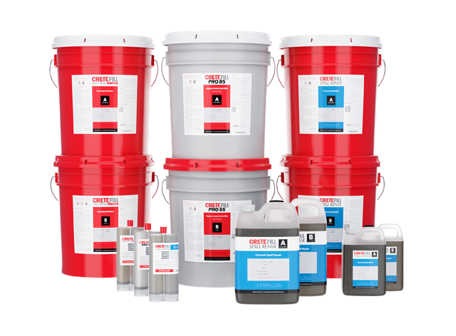 CreteFill Pro 85, Crack Repair, and Spall Repair products in different sizes