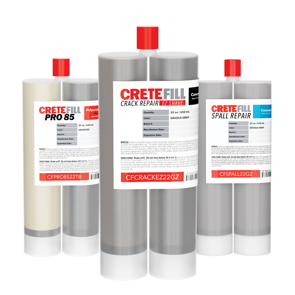 CreteFill repair product cartridges: CreteFill Pro 85, Crack Repair, and Spall Repair