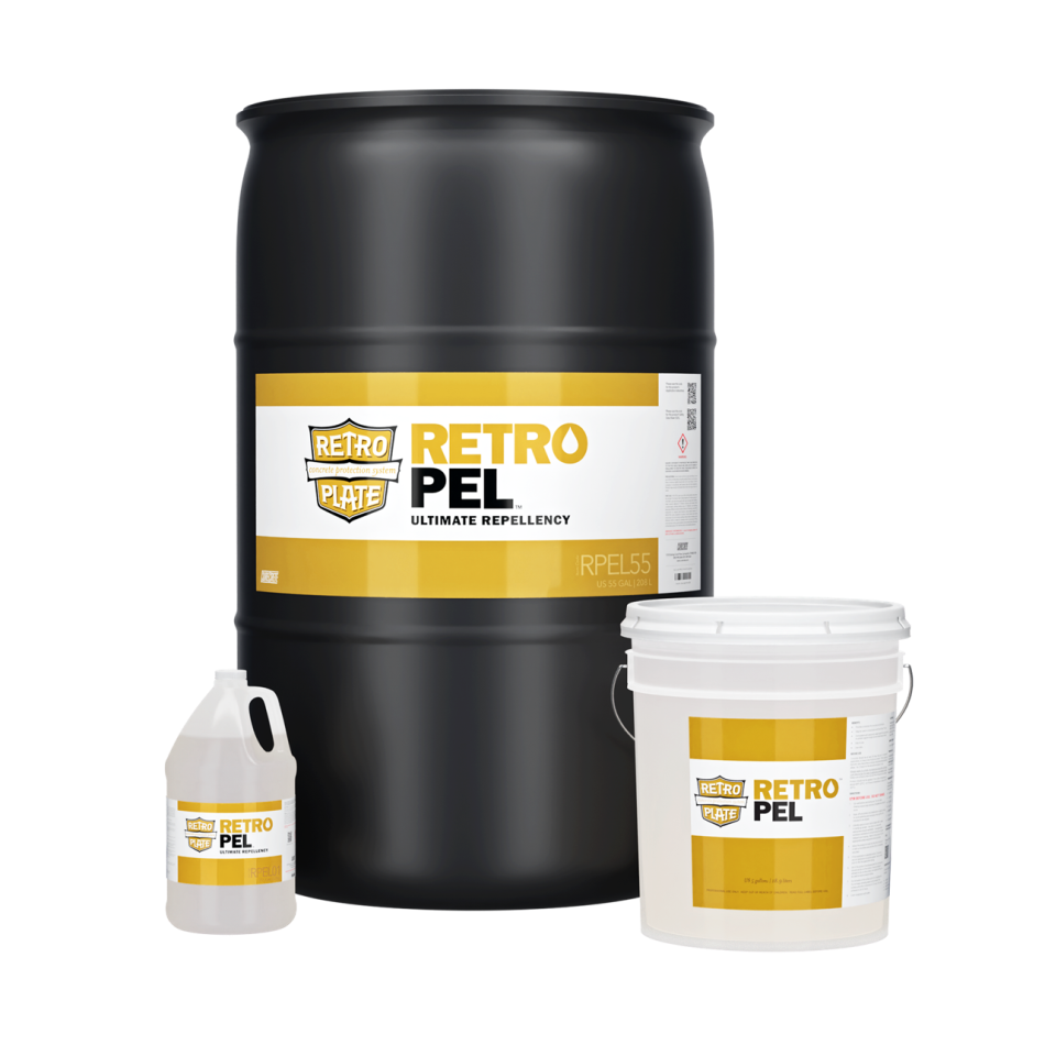 RetroPel oil and water repellent in drum, pail, and gallon sizes