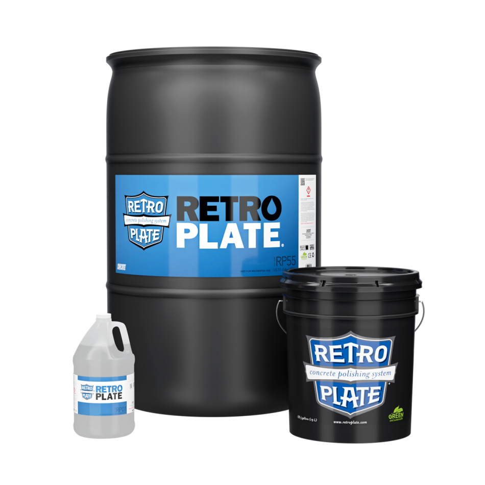 RetroPlate polished concrete floor densifier in drum, pail, and gallon sizes