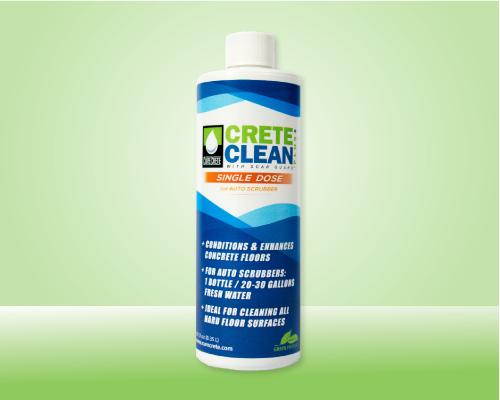 A 12 oz bottle of CreteClean Plus single dose concrete floor cleaner