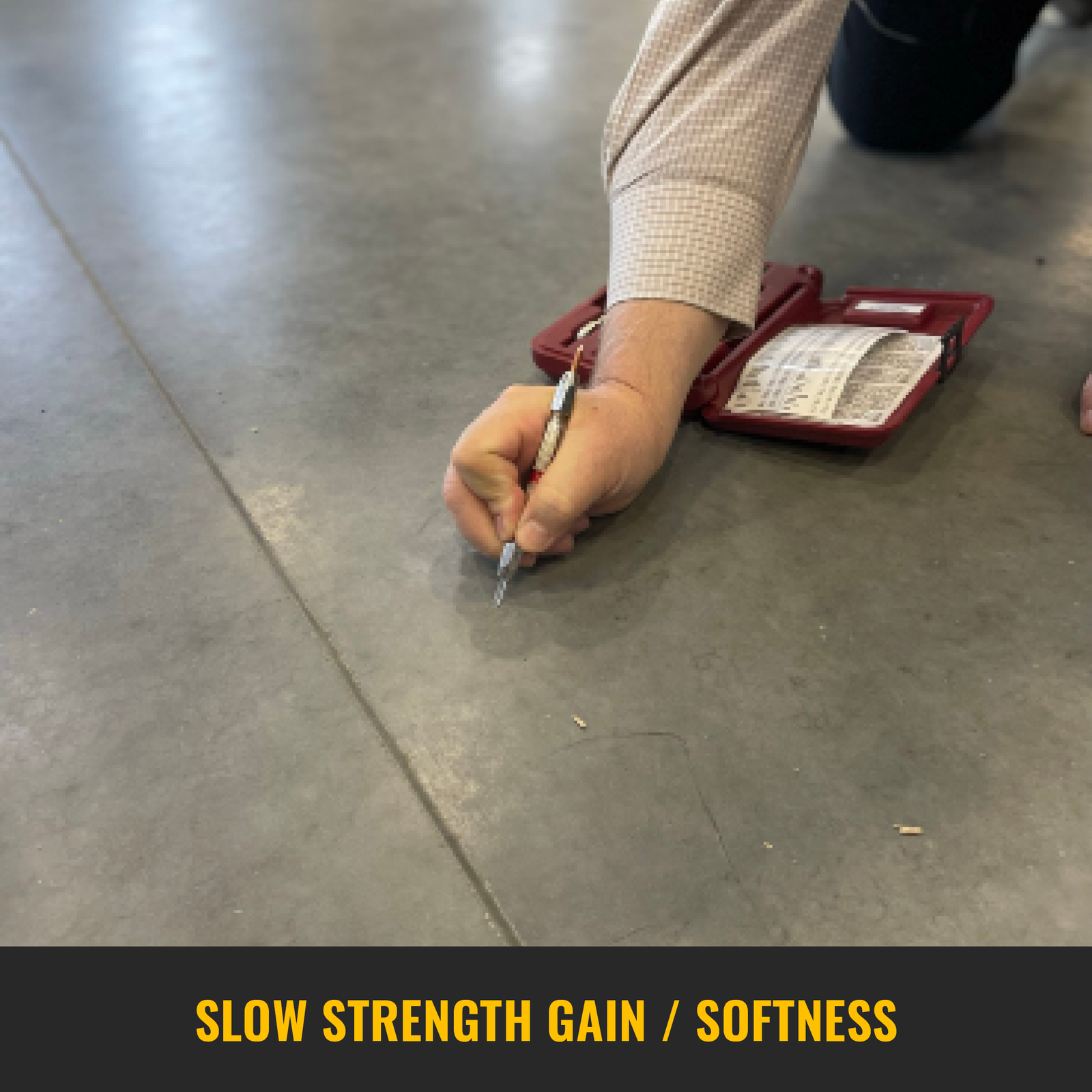 Image of Mohs pencil hardness test being performed on Type 1L concrete floor.