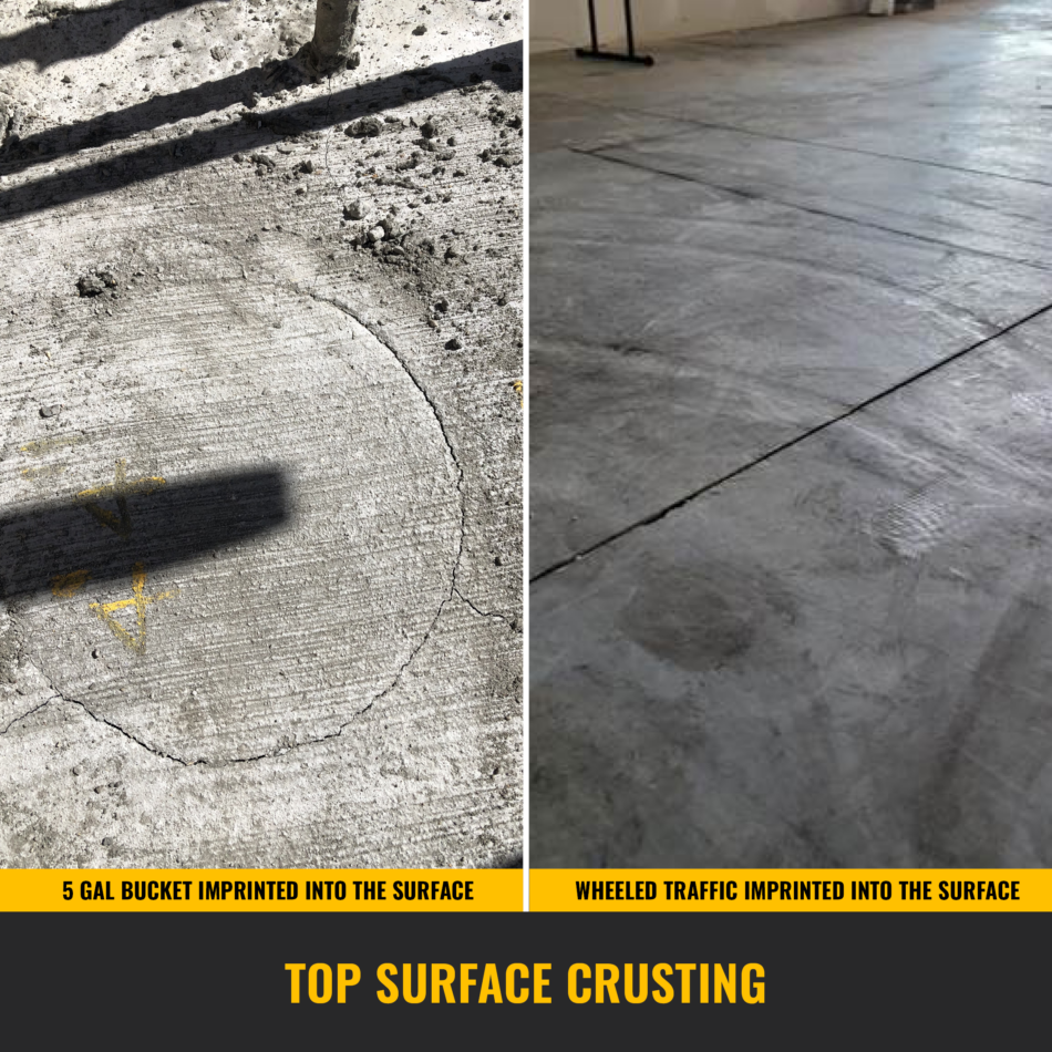 Side by side photo with the left photo showing a round imprint in the concrete surface left behind by a plastic bucket and the right-side photo showing the imprint of tire lines in the surface of the concrete.